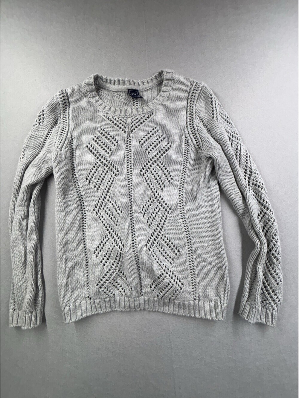 Gap Women’s Light Gray Pointelle Diamond Knit Sweater Crewneck Long Sleeve M